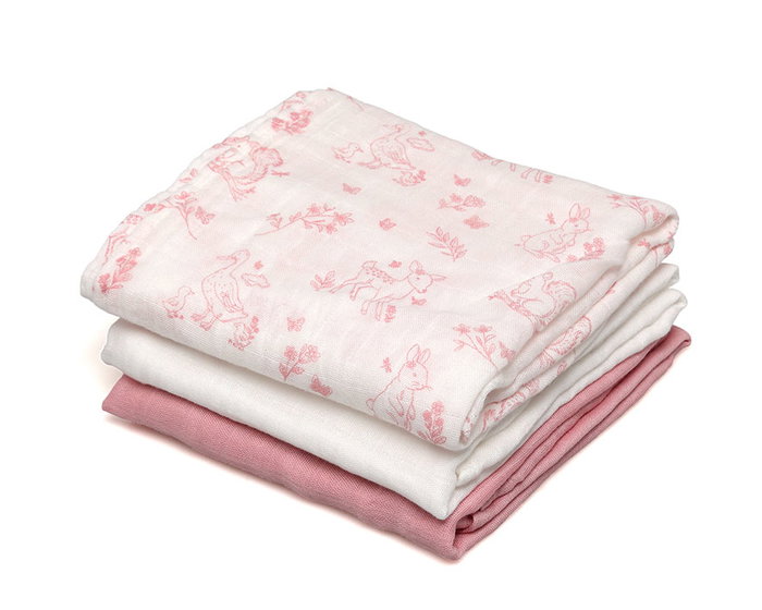 KioKids Set de 3 Mousselines Rose, Blanc et Imprimé Animaux 70x70cm KioKids Set de 3 Mousselines Rose, Blanc et Imprimé Animaux 70x70cm