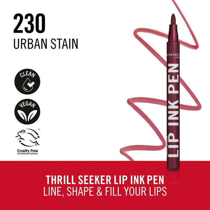 Rimmel London Lip Ink Pen N°230 Urban Stain - Stylo à lèvres longue tenue 1,7 ml - Couleur vibrante, fini satiné, applicateur précis