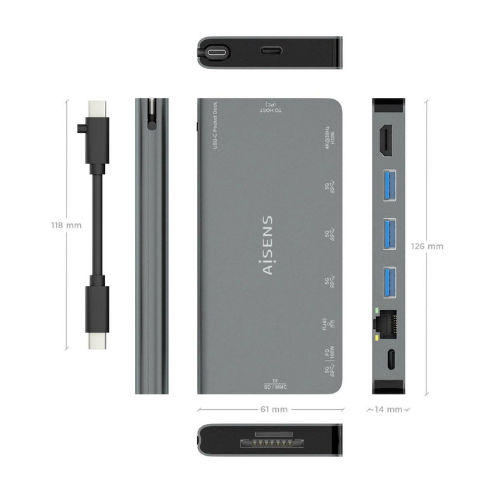 Hub USB Aisens ASUC-8P015-GR Gris Multicouleur 100 W Hub USB Aisens ASUC-8P015-GR Gris Multicouleur 100 W