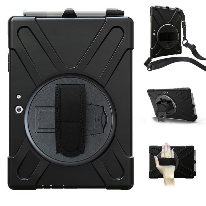 eSTUFF Coque Intégrale Defender pour Microsoft Surface Go 4/Go 3/Go 2/Go (1ère génération) - Protection Triple Couche Antichoc avec Pied Pliable et Sangle - Noir