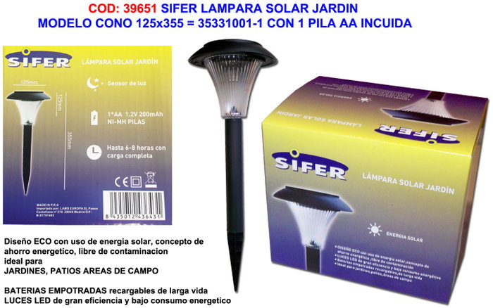 SIFER Balise Lampe Solaire Jardin 125Ø125x355 avec 2 piles AA SIFER Balise Lampe Solaire Jardin 125Ø125x355 avec 2 piles AA