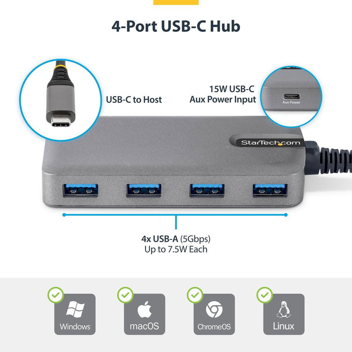 StarTech.com Hub USB-C vers 4 ports USB-A 3.2 Gen 1 Gris StarTech.com Hub USB-C vers 4 ports USB-A 3.2 Gen 1 Gris