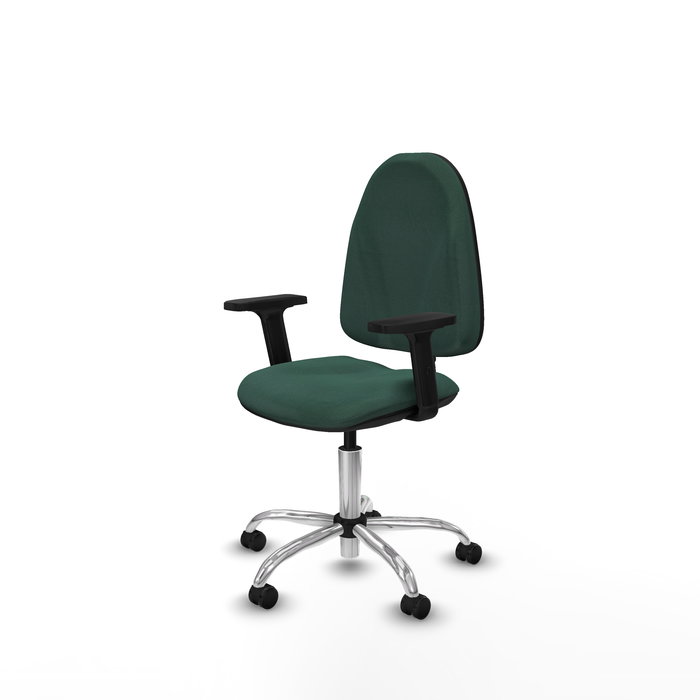 Chaise de bureau Algarra avec mécanisme de contact permanent de base, rembourrée de tissu vert bouteille. Équipée d'une base chromée, d'accoudoirs 2D et de roulettes autobloquantes Chaise de bureau Algarra avec mécanisme de contact permanent de base, rembourrée de tissu vert bouteille. Équipée d'une base chromée, d'accoudoirs 2D et de roulettes autobloquantes