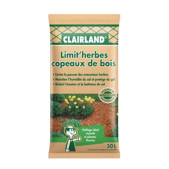 Clairland Paillage Copeaux de Bois Naturel 50 L - Limite les Mauvaises Herbes, Protège le Sol - Idéal Massifs et Plantes Fleuries - Agriculture Biologique