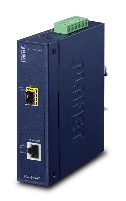 Planet IGT-805AT - Convertisseur Media Gigabit Industriel - 1 Port RJ45 10/100/1000Base-T vers 1 Port SFP 100/1000Base-X - Alimentation Redondante - IP30 Planet IGT-805AT - Convertisseur Media Gigabit Industriel - 1 Port RJ45 10/100/1000Base-T vers 1 Port SFP 100/1000Base-X - Alimentation Redondante - IP30