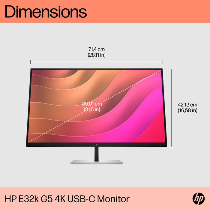 HP - Écran LCD HP E32k G5 31,5 pouces (80 cm) 4K UHD USB-C avec charge 65W, design ergonomique et haut-parleurs intégrés