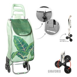 Caison Caddie de courses pliable vert avec feuilles 6 roues 44 x 21 x 100 cm