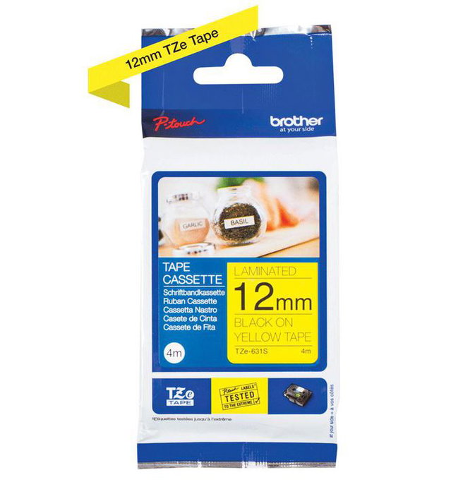 Brother Ruban étiquettes TZe 12 mm x 4 m, Noir sur Jaune - pour PTP300BT, PTH110, PT2030, PTD400, PTD600, PT2730, PTP700, PTP750W, PTE100VP, PTE300VP, PTE550WVP Brother Ruban étiquettes TZe 12 mm x 4 m, Noir sur Jaune - pour PTP300BT, PTH110, PT2030, PTD400, PTD600, PT2730, PTP700, PTP750W, PTE100VP, PTE300VP, PTE550WVP