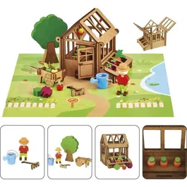 Jeujura La Serre du Jardinier - Jeu de Construction en Bois Naturel 40 Pièces avec Serre, Tapis et Accessoires, 22x18.5x8.5 cm