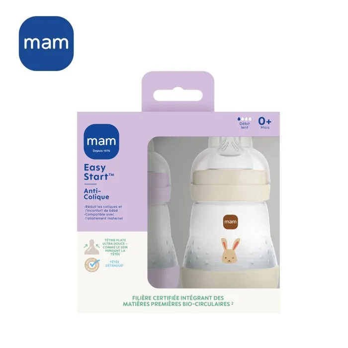 MAM Biberon Anti-Colique Easy Start 160 ml Débit 1 Lot de 2, Tétine Lilas et Sable