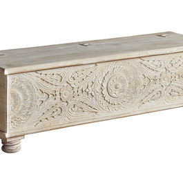 GINER Y COLOMER Baûl coffre de rangement en bois de manguier massif, finition blanc vieilli avec détails en bronze, 150 x 60 x 50 cm