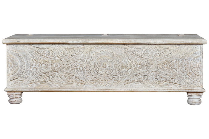 GINER Y COLOMER Baûl coffre de rangement en bois de manguier massif, finition blanc vieilli avec détails en bronze, 150 x 60 x 50 cm
