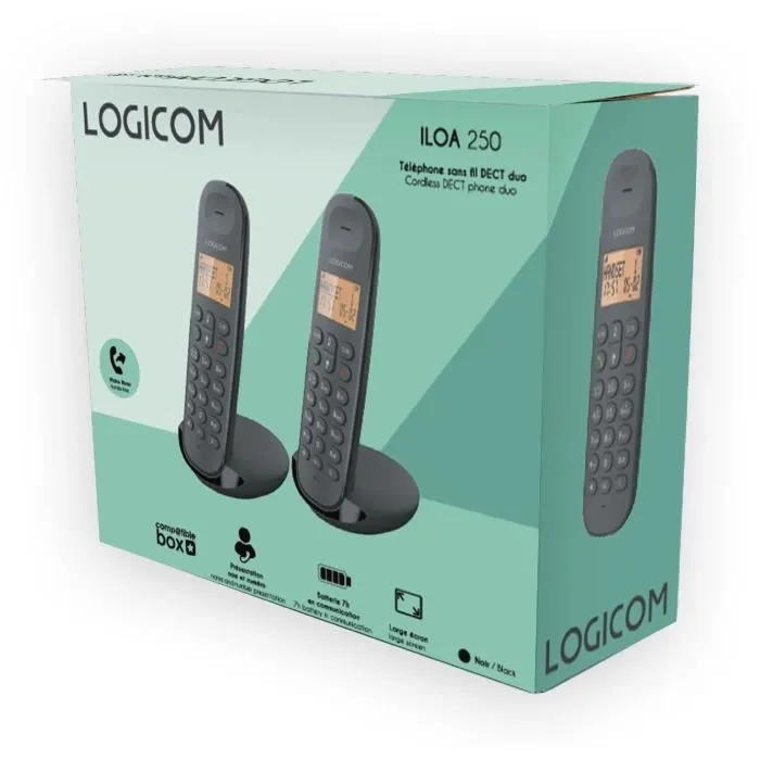 Logicom DECT ILOA 250 DUO Téléphone fixe sans fil noir, double combiné, mains libres, répertoire 100 contacts, autonomie 7h