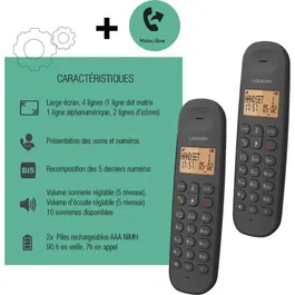 Logicom DECT ILOA 250 DUO Téléphone fixe sans fil noir, double combiné, mains libres, répertoire 100 contacts, autonomie 7h