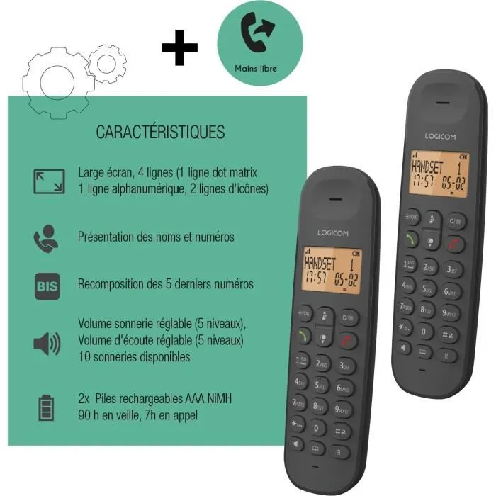 Logicom DECT ILOA 250 DUO Téléphone fixe sans fil noir, double combiné, mains libres, répertoire 100 contacts, autonomie 7h