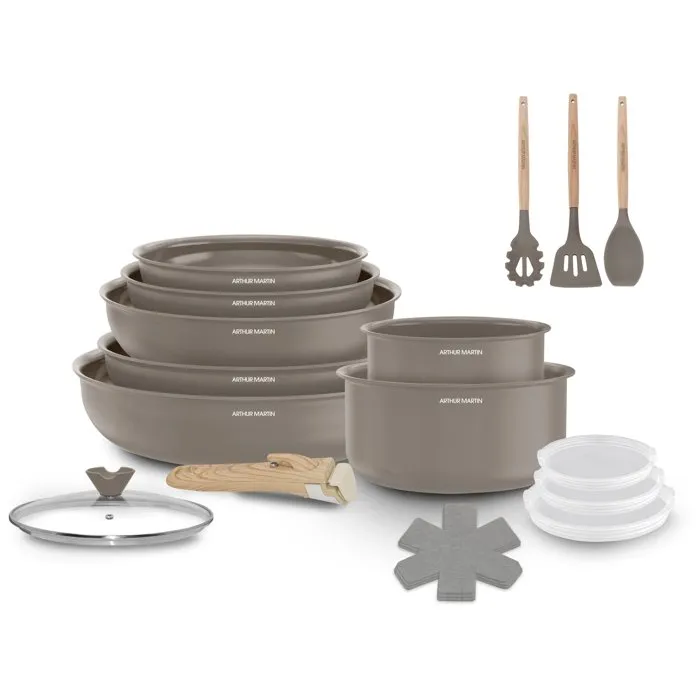 Arthur Martin Batterie de cuisine 18 pièces Tous feux dont Induction Revêtement céramique Poignée amovible effet bois AM7887 Arthur Martin Batterie de cuisine 18 pièces Tous feux dont Induction Revêtement céramique Poignée amovible effet bois AM7887