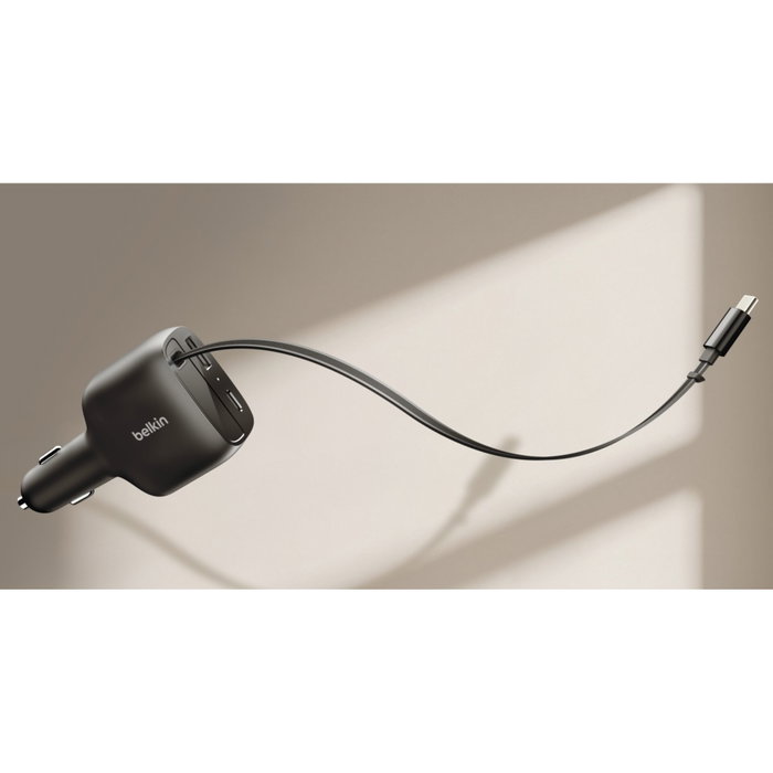 Belkin BoostCharge Car Charger 75W avec câble USB-C rétractable, Noir