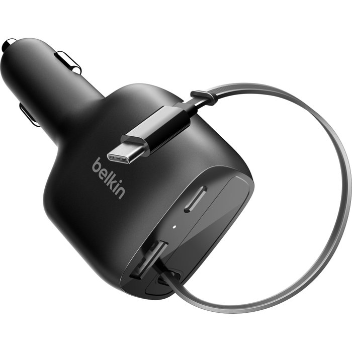 Belkin BoostCharge Car Charger 75W avec câble USB-C rétractable, Noir