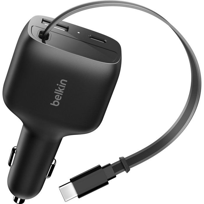 Belkin BoostCharge Car Charger 75W avec câble USB-C rétractable, Noir