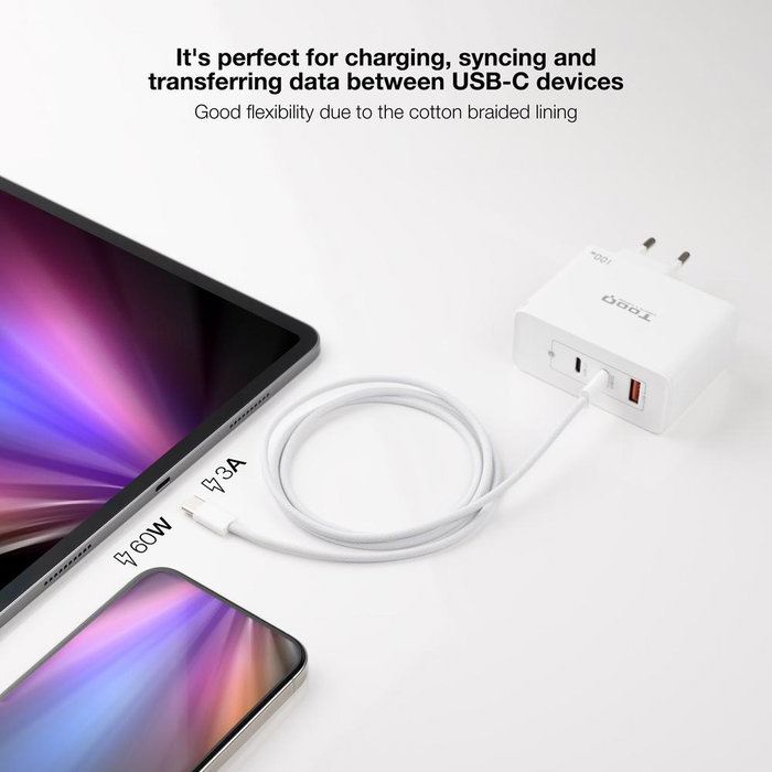 Nanocable Câble USB-C 2.0 60W Charge Rapide PD PPS QC 1 Mètre Blanc