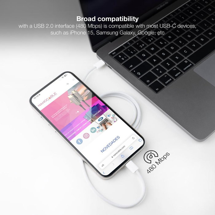 Nanocable Câble USB-C 2.0 60W Charge Rapide PD PPS QC 1 Mètre Blanc