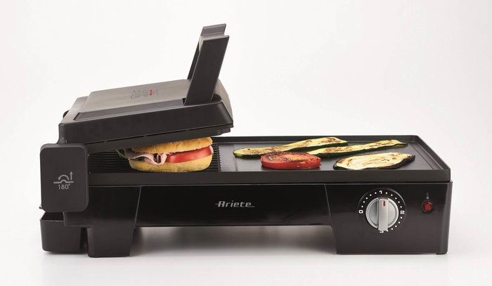 Ariete 1916 Grill électrique Multi-fonctions 3-en-1 avec Plaques Antiadhésives (lisse et ondulée) et Ouverture à 180°