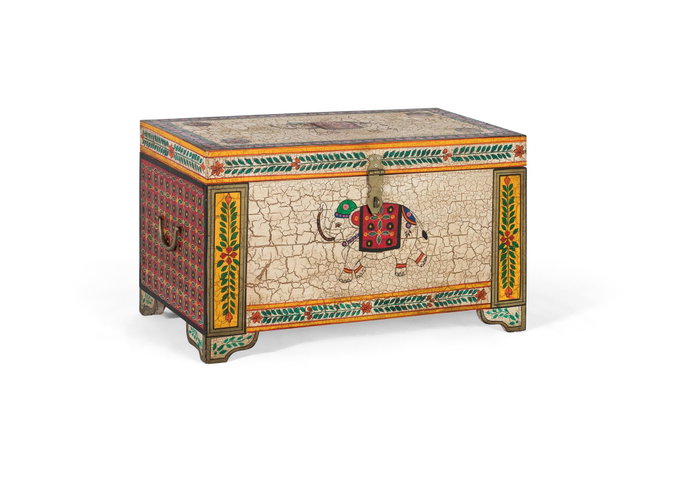 GINER Y COLOMER - Bahut coffre de rangement en bois de manguier peint à la main, motifs multicolores, ouverture par le dessus - 80x43x46 cm