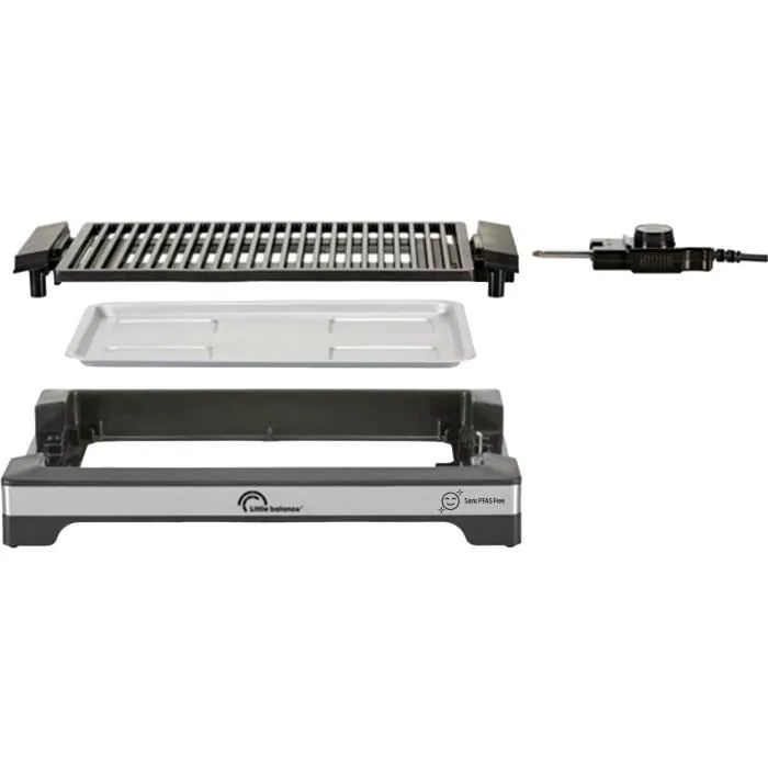 Little Balance Barbecue électrique Easy Nopifas - Surface de cuisson 38 x 25 cm - Revêtement microcéramique sans PFAS - 2000W - Thermostat réglable et cuve à eau anti-fumée