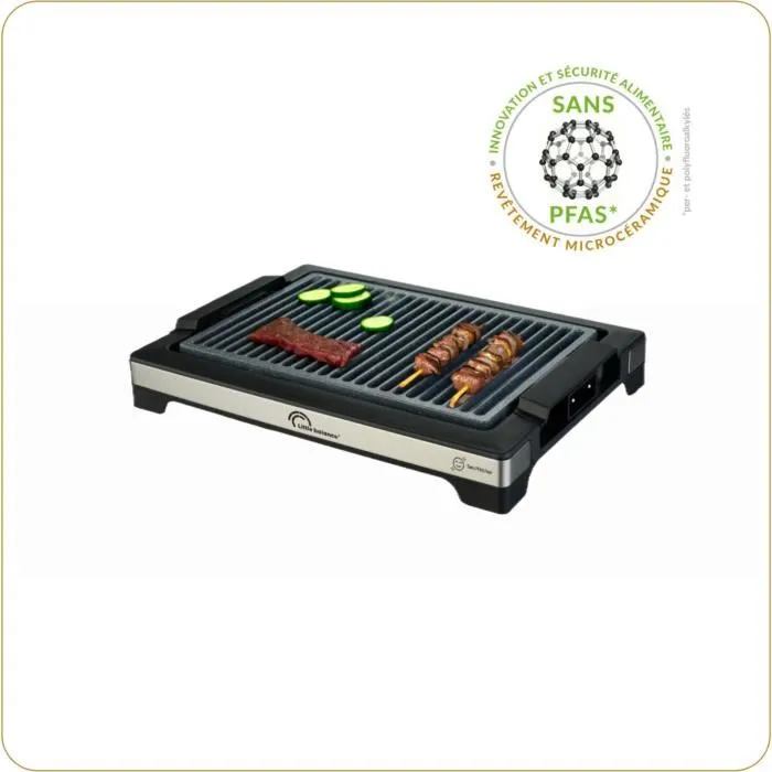 Little Balance Barbecue électrique Easy Nopifas - Surface de cuisson 38 x 25 cm - Revêtement microcéramique sans PFAS - 2000W - Thermostat réglable et cuve à eau anti-fumée