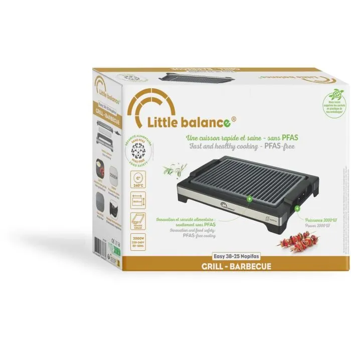 Little Balance Barbecue électrique Easy Nopifas - Surface de cuisson 38 x 25 cm - Revêtement microcéramique sans PFAS - 2000W - Thermostat réglable et cuve à eau anti-fumée