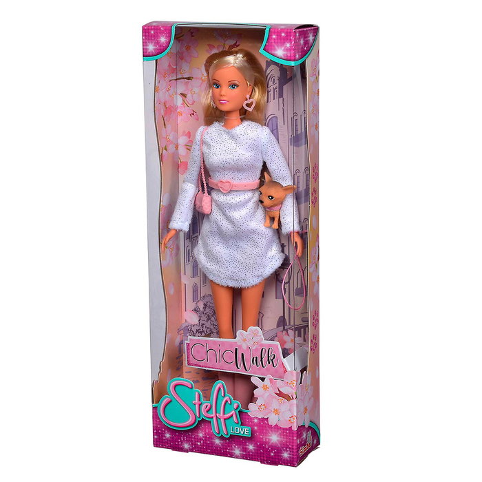 Steffi Poupée Fashion Steffi Love Chic Walk 5733508 avec Chien Chihuahua et Accessoires - Robe Blanche, 29 cm - Multilingue (Français, Anglais, Allemand) - 3 ans et plus
