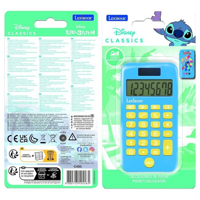 LEXIBOOK Calculatrice de poche Stitch 8 chiffres avec housse de protection
