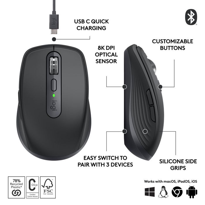 Logitech MX Anywhere 3S Souris sans fil compacte performance - Série Master - Capteur 8K, MagSpeed, Bluetooth, USB-C rechargeable, pour macOS, Windows