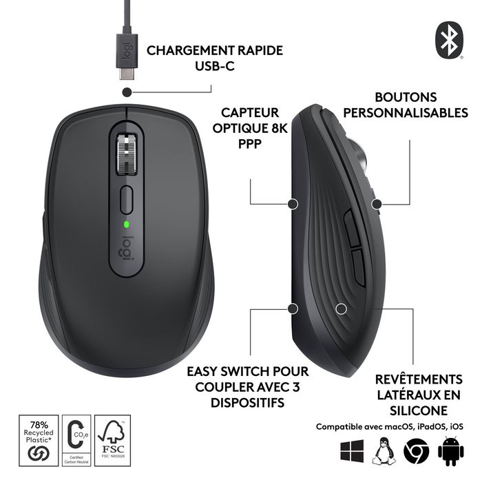 Logitech MX Anywhere 3S Souris sans fil compacte performance - Série Master - Capteur 8K, MagSpeed, Bluetooth, USB-C rechargeable, pour macOS, Windows