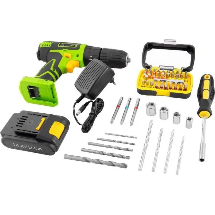 Fieldmann Perceuse Visseuse à Percussion FDV 10352-A 14.4 V Li-Ion avec Mandrin Sans Clé 13 mm, 2 Vitesses, LED, Coffret et Accessoires