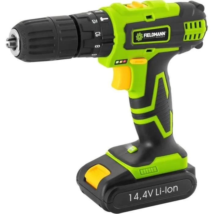 Fieldmann Perceuse Visseuse à Percussion FDV 10352-A 14.4 V Li-Ion avec Mandrin Sans Clé 13 mm, 2 Vitesses, LED, Coffret et Accessoires
