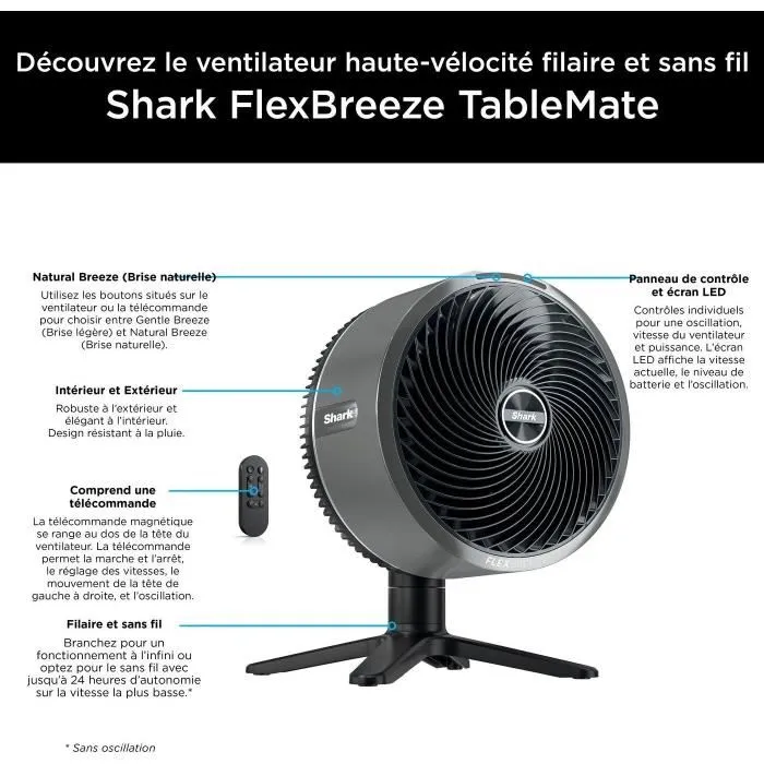 Shark FA150EU FlexBreeze TableMate - Ventilateur de table portable avec et sans fil, 5 vitesses, 24h autonomie, jusqu'à 20 m