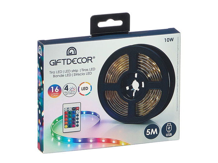 Giftdecor Ruban LED RGB 5 m avec télécommande - 20 couleurs, USB, plastique noir (Set de 12)