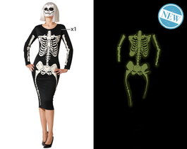 Déguisement Halloween pour Femme Adulte XXL - Robe Squelette Brillante Ajustée Noire, Effet Fluorescent, Nouveauté 2025