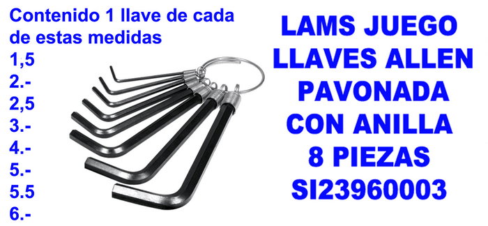 LAMS Jeu de 8 clés Allen brunies avec anneau LAMS Jeu de 8 clés Allen brunies avec anneau