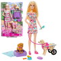 Mattel Barbie Poupée et ses Chiens avec Fauteuil Roulant - Set d'Animaux de Compagnie avec Accessoires (Corrège, Bol, Lit, Friandises) - Htk37