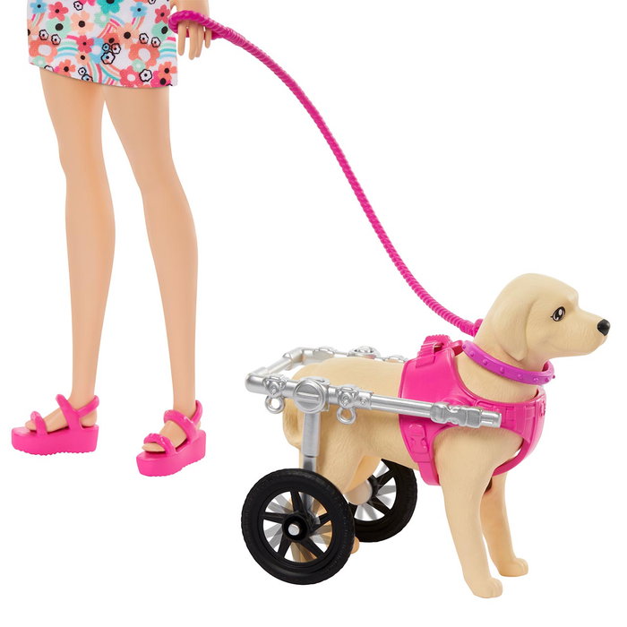 Mattel Barbie Poupée et ses Chiens avec Fauteuil Roulant - Set d'Animaux de Compagnie avec Accessoires (Corrège, Bol, Lit, Friandises) - Htk37
