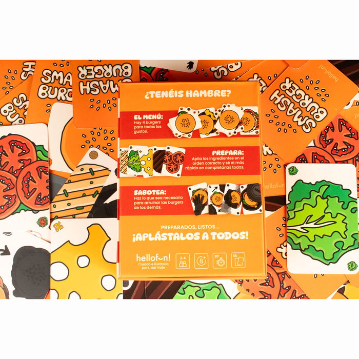 HELLOFUN! Jeu de cartes Smash Burger en espagnol - Jeu de société familial pour 2 à 6 joueurs à partir de 8 ans, durée 20 minutes