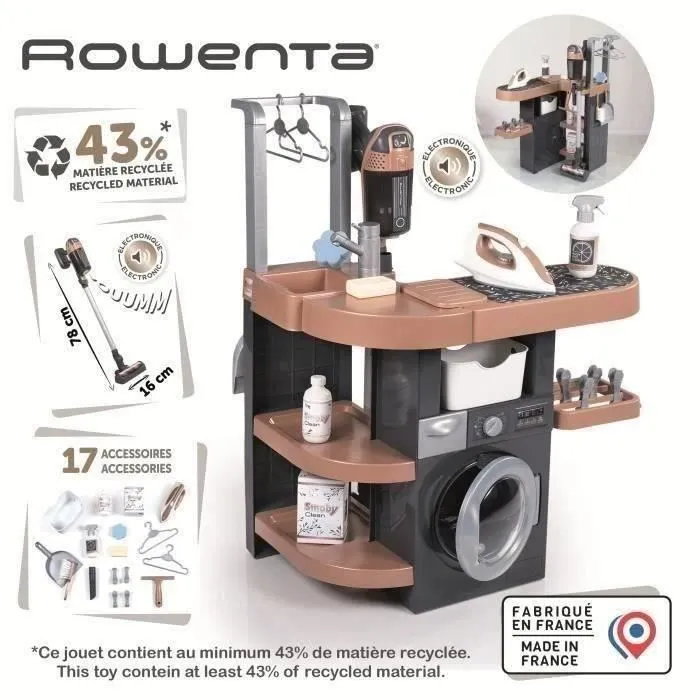 Smoby - Buanderie Wash & Clean Rowenta, Jouet Imitation Ménage Lave-Linge avec Aspirateur X Force Flex et Accessoires, 3 ans et plus