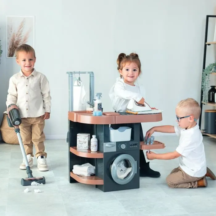 Smoby - Buanderie Wash & Clean Rowenta, Jouet Imitation Ménage Lave-Linge avec Aspirateur X Force Flex et Accessoires, 3 ans et plus