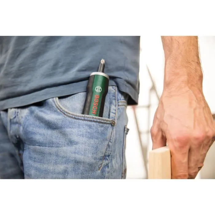 Bosch Visseuse sans fil ergonomique PushDrive 3.6V avec batterie 1.5Ah intégrée, recharge Micro USB, fonction Push&Go, livrée avec 32 embouts de vissage