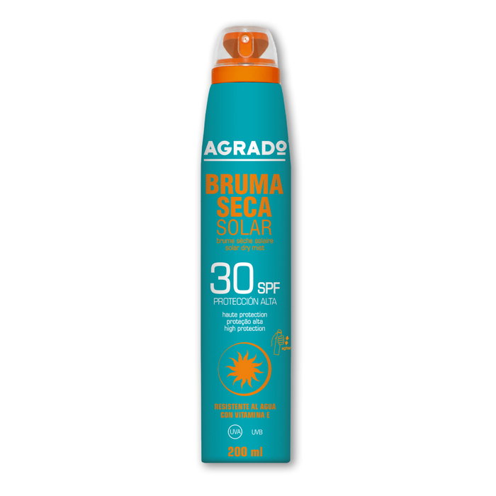 Agrado Brume Sèche Solaire SPF 30 - Protection Solaire en Aérosol, Texture Légère, Vitamine E, 200 mL Agrado Brume Sèche Solaire SPF 30 - Protection Solaire en Aérosol, Texture Légère, Vitamine E, 200 mL