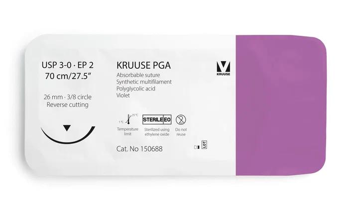 KRUUSE Suture PGA 3/0 70cm Aiguille 26mm 3/8 Triangulaire Violette KRUUSE Suture PGA 3/0 70cm Aiguille 26mm 3/8 Triangulaire Violette