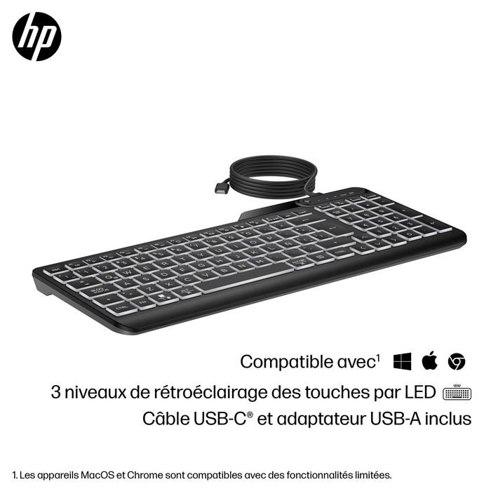 HP Clavier filaire rétroéclairé 400 avec touches programmables, LED réglable, connexion USB-C et USB-A, résistant aux éclaboussures, design durable