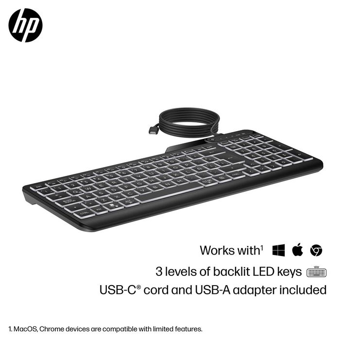 HP Clavier filaire rétroéclairé 400 avec touches programmables, LED réglable, connexion USB-C et USB-A, résistant aux éclaboussures, design durable